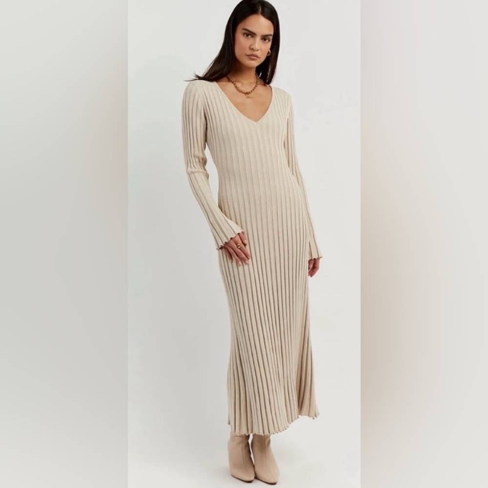 DISSH Long Sleeve Ribbed V-Neck Maxi Dress in Beige
